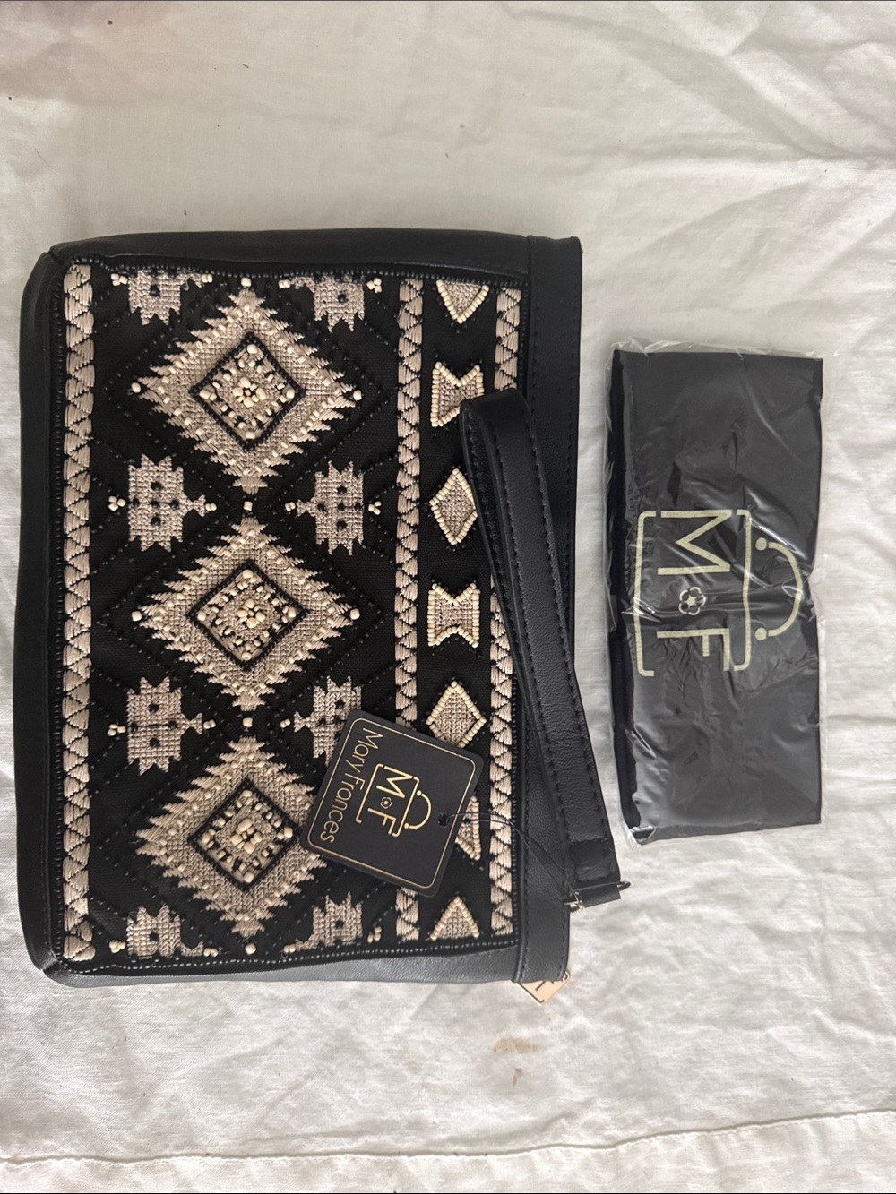 Mary Frances Black & Beige Embroidered Wristlet Clutch